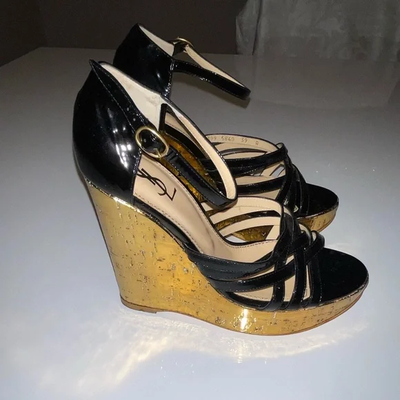 Saint Laurent black patent leather with gold cork wedge